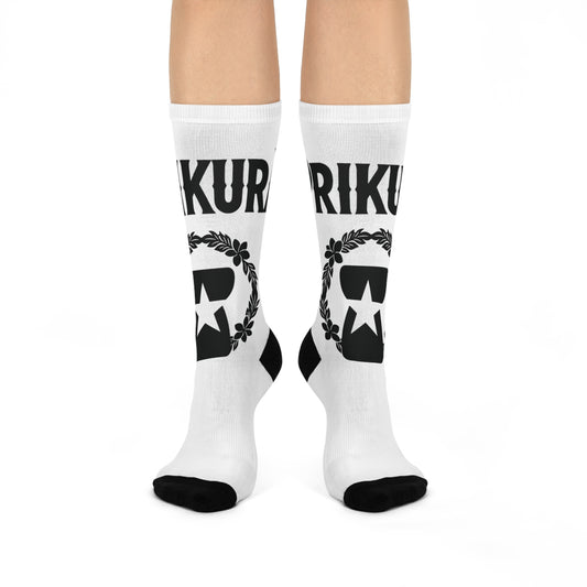 White crew socks with latte stone and mwar mwar design and PRIKURA cuff