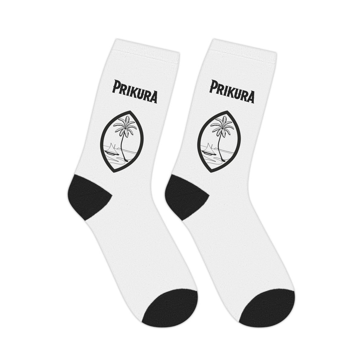 White crew socks with Guam palm and proa design and PRIKURA cuff