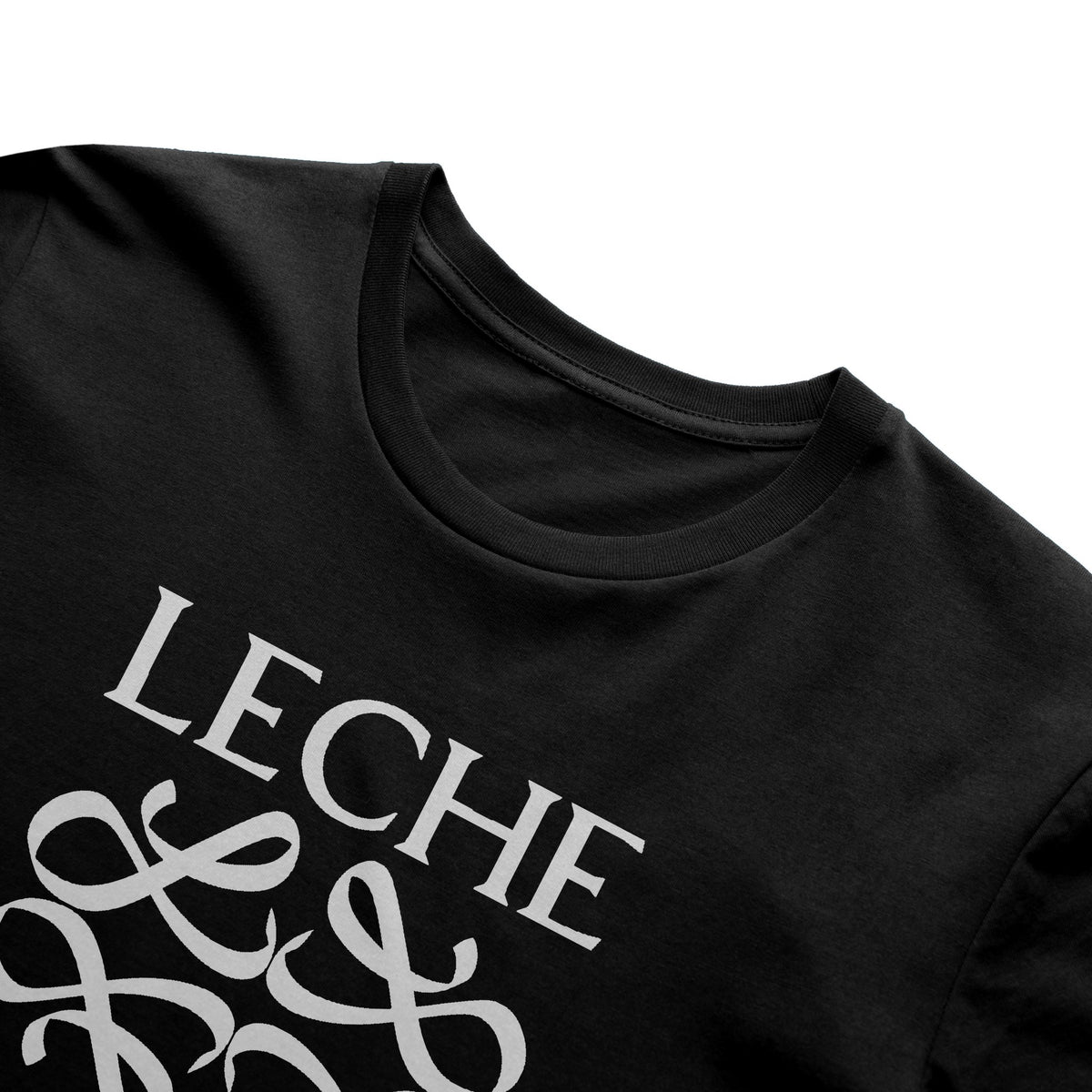 Black adult tee with white Leche logo, side view