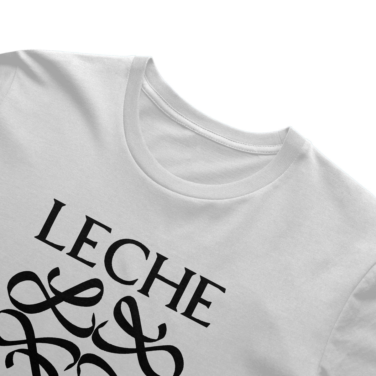 White adult tee with black Leche logo, side view