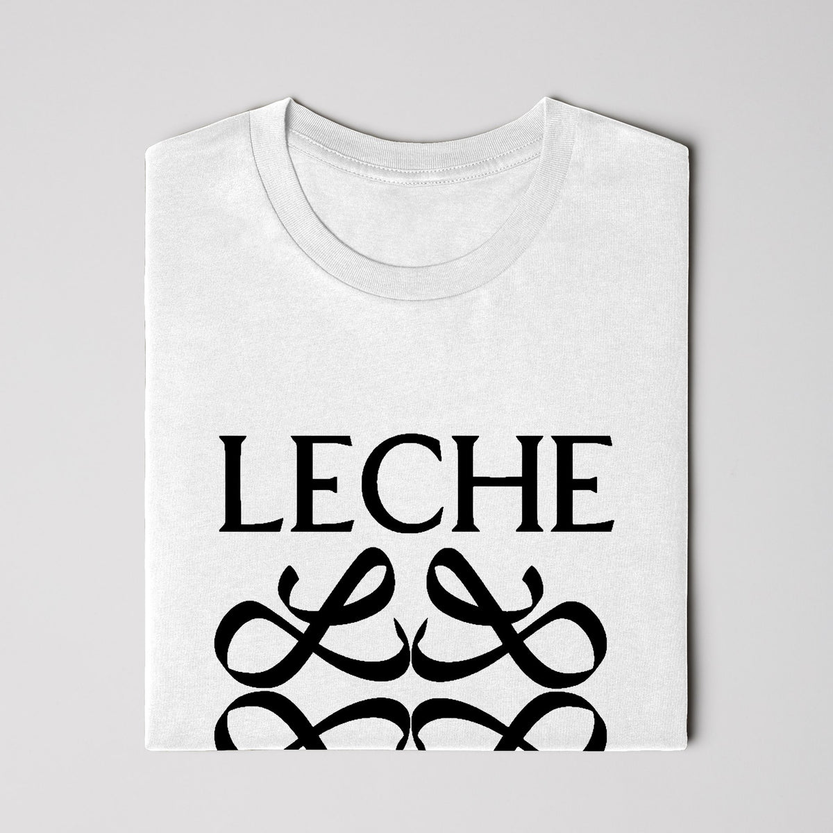 White adult tee with black Leche logo, back view