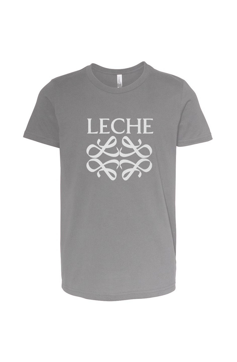 Natural youth tee with Leche logo, side view