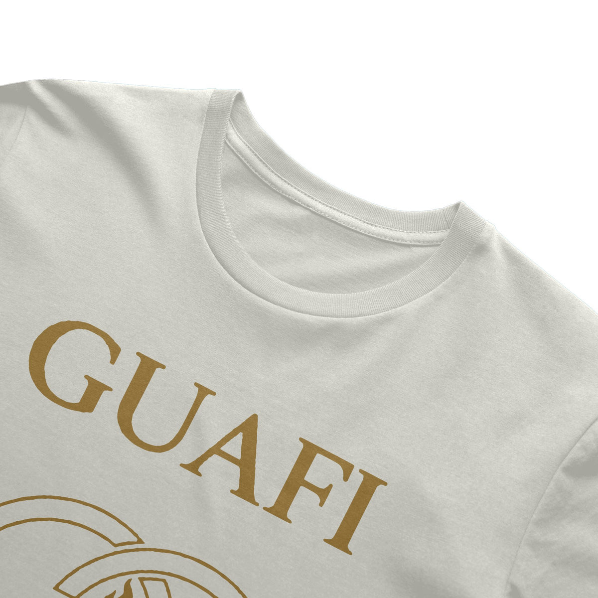Natural youth tee with gold Guafi logo, side view