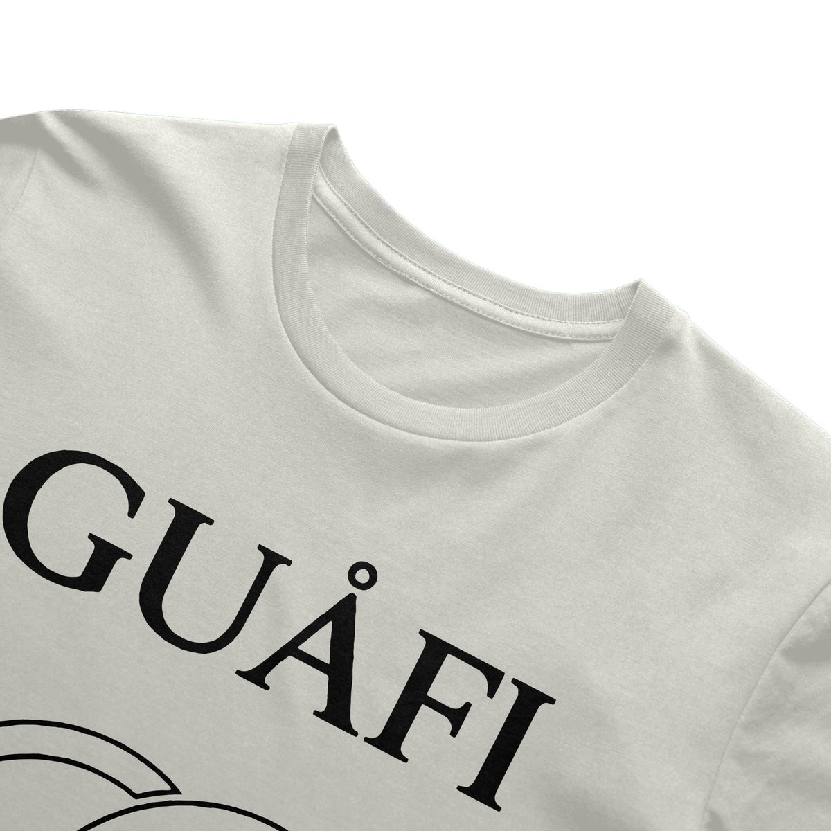 Natural adult tee with black Guafi logo, side view