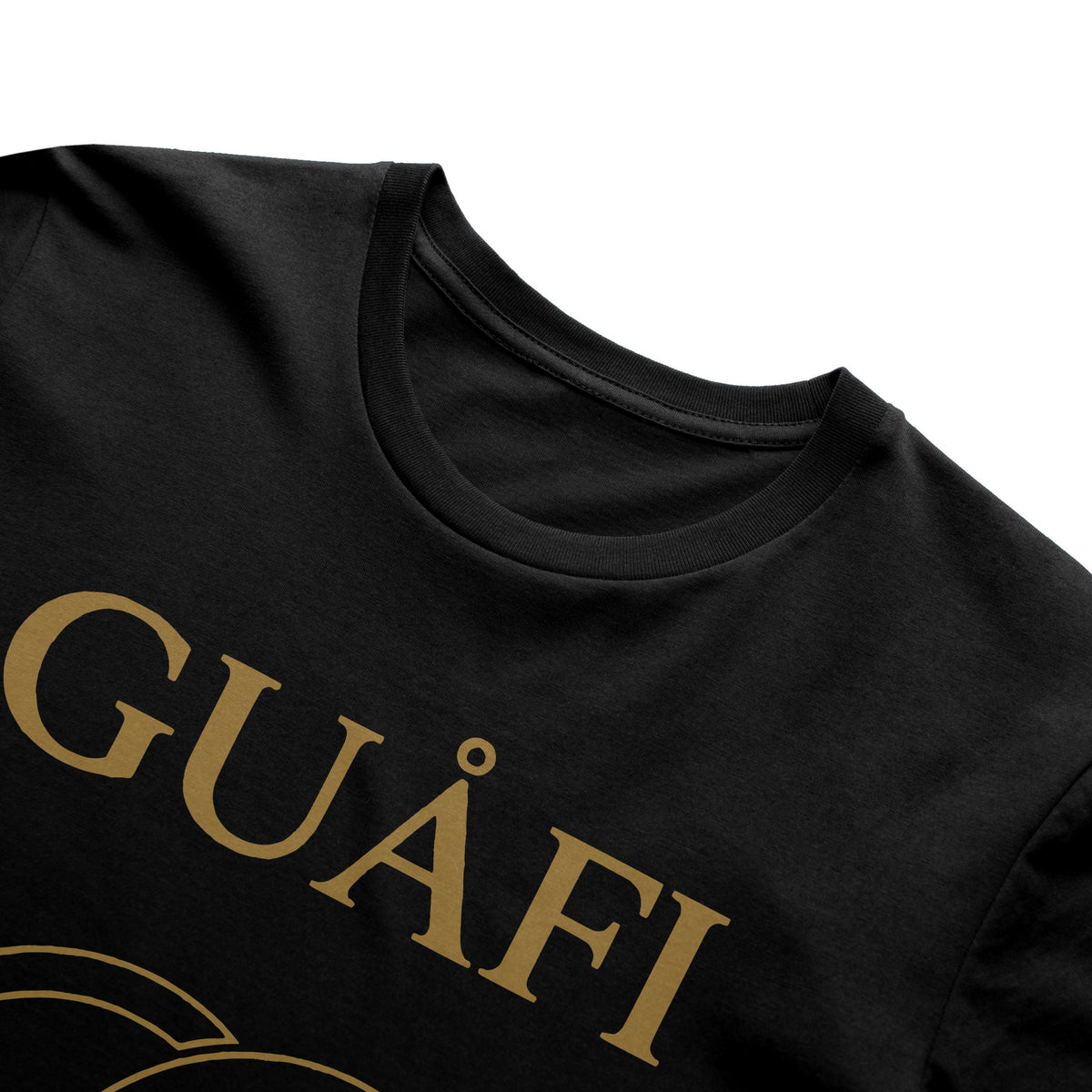 Black adult tee with gold Guafi logo, side view