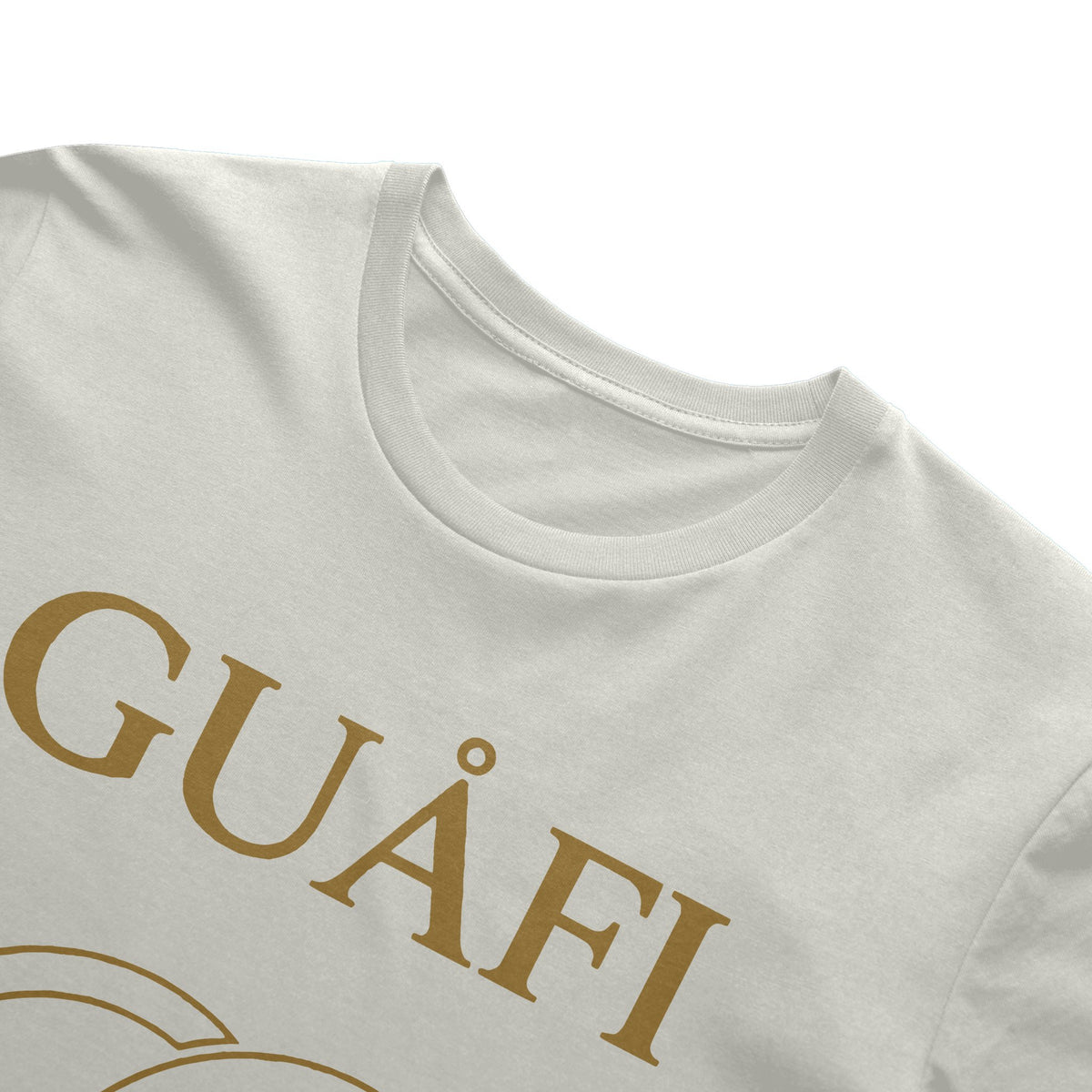 Natural adult tee with gold Guafi logo, side view