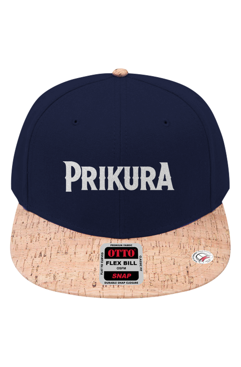 Two-tone snapback with PRIKURA wordmark and cork brim