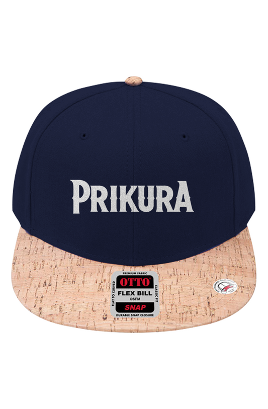 Two-tone snapback with PRIKURA wordmark and cork brim
