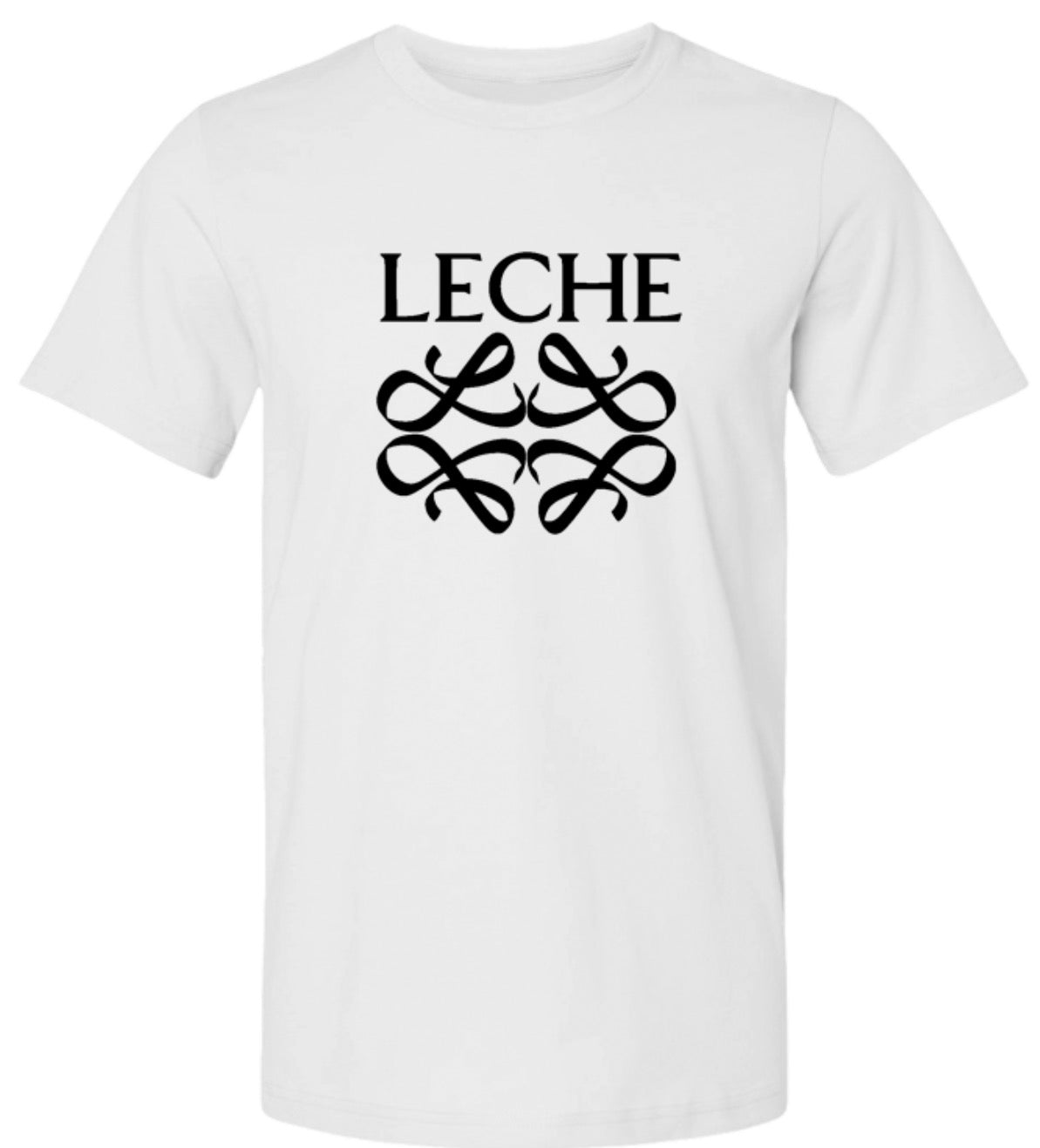 White adult tee with black Leche logo