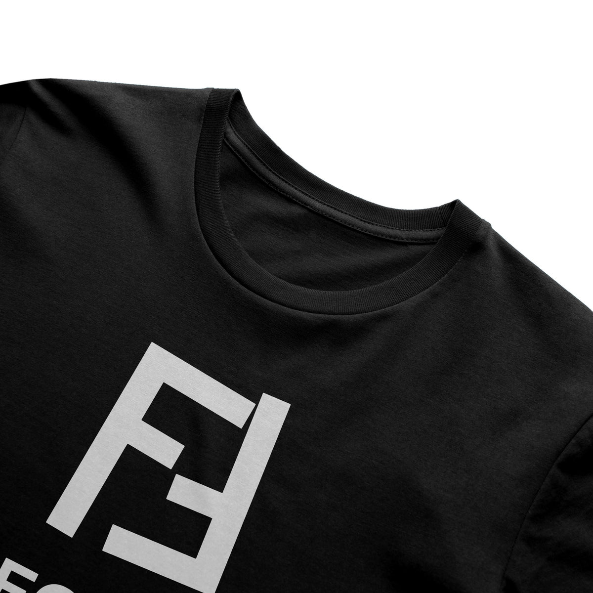Black adult tee with white Fotte logo, detail