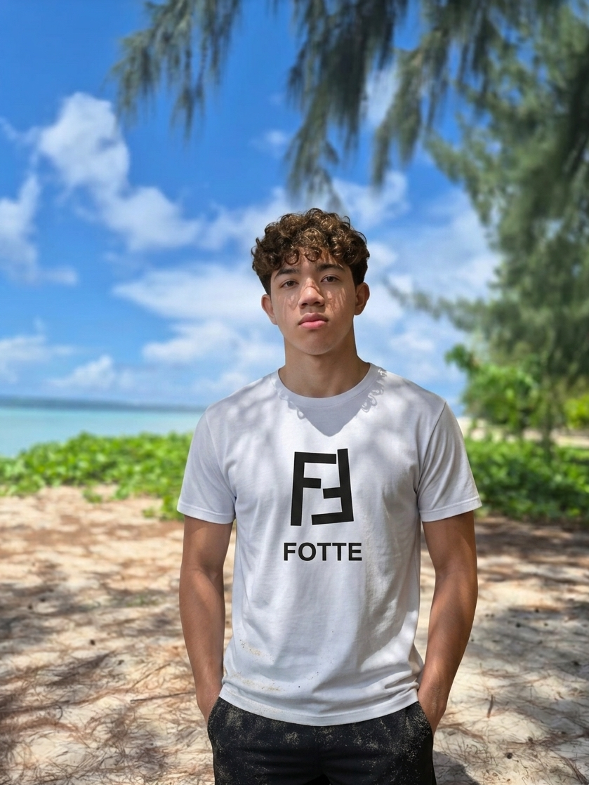White adult tee with black Fotte logo, worn