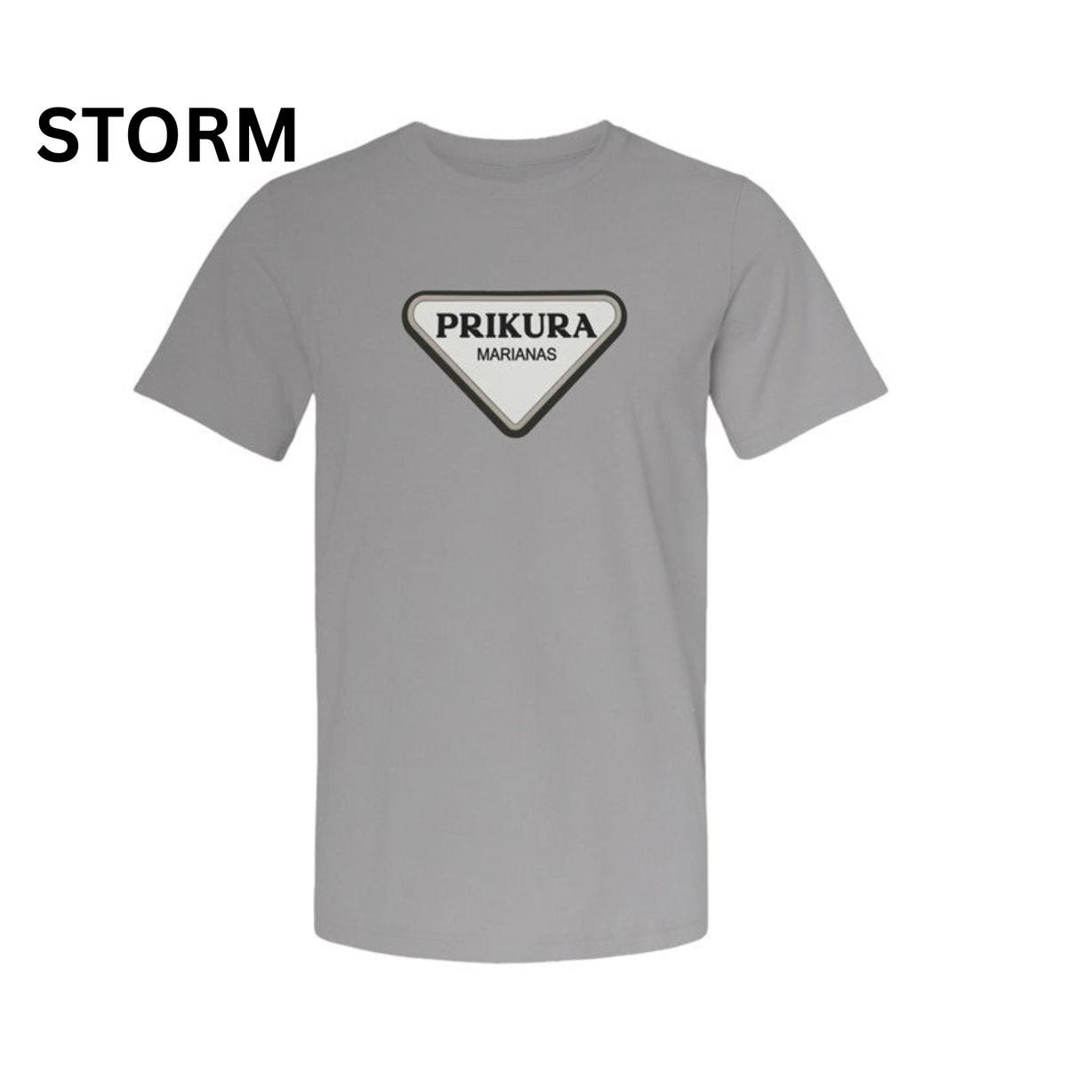 Silver adult tee with Prikura logo, flat lay